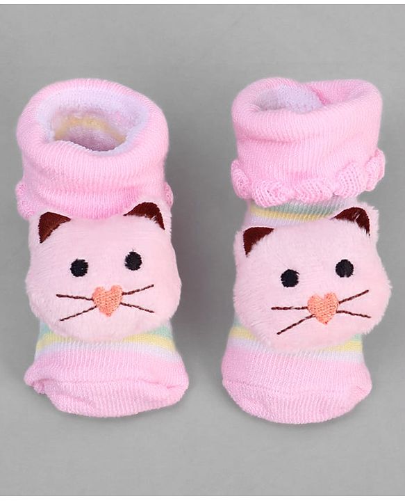 Cute Walk by Babyhug Ankle Length Sock Shoes with Stripes & Kitty Applique - Pink