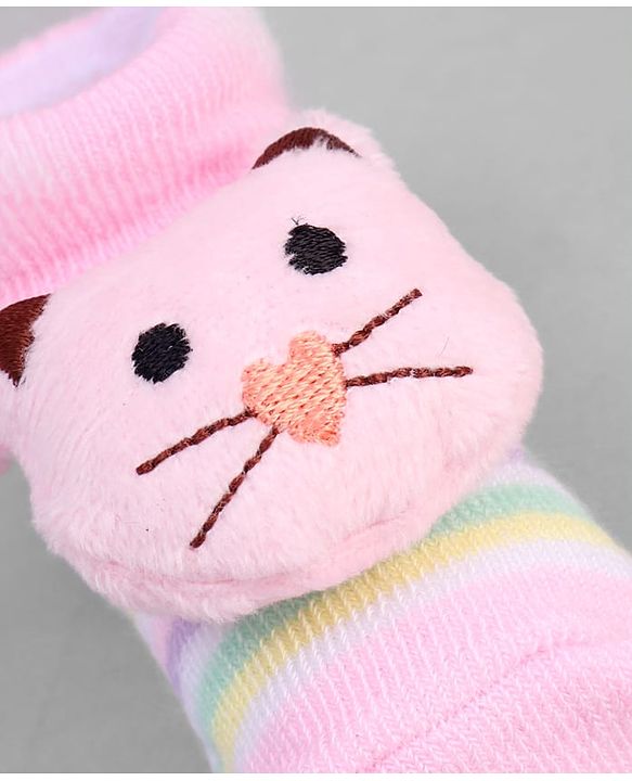 Cute Walk by Babyhug Ankle Length Sock Shoes with Stripes & Kitty Applique - Pink