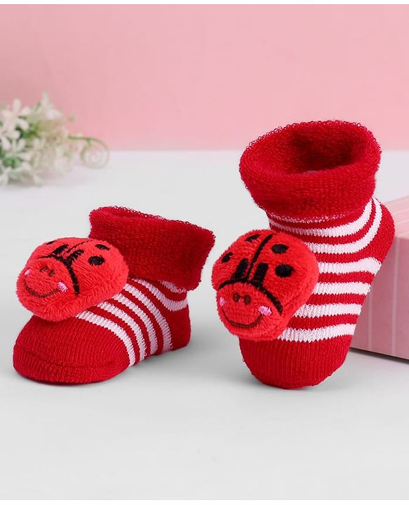 Cute Walk by Babyhug Ankle Length Sock Shoes with Stripes & Ladybug Applique - Red