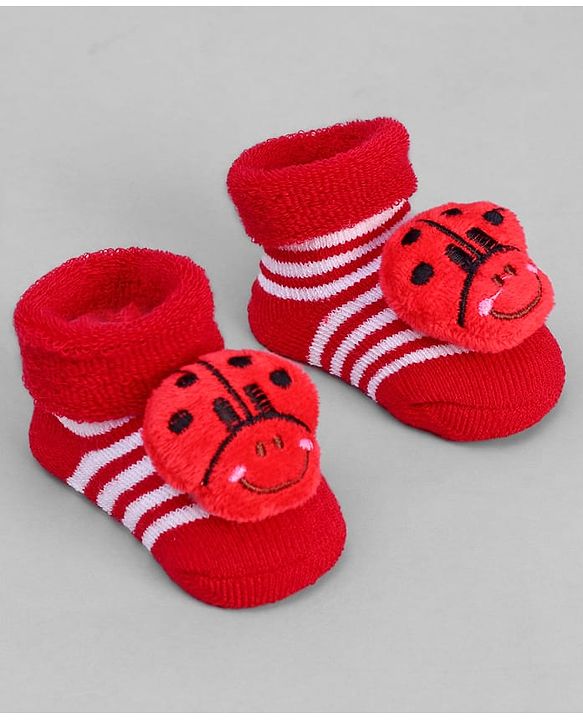 Cute Walk by Babyhug Ankle Length Sock Shoes with Stripes & Ladybug Applique - Red