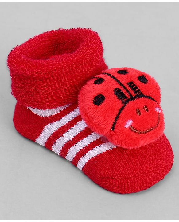 Cute Walk by Babyhug Ankle Length Sock Shoes with Stripes & Ladybug Applique - Red