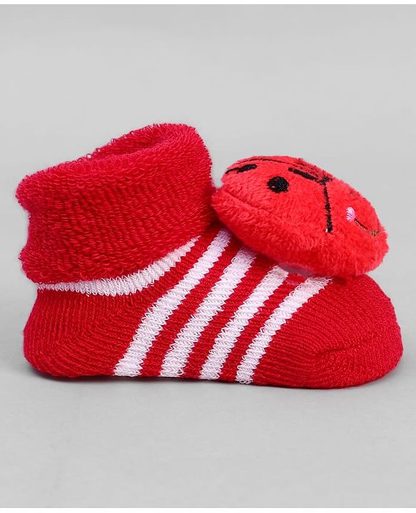 Cute Walk by Babyhug Ankle Length Sock Shoes with Stripes & Ladybug Applique - Red