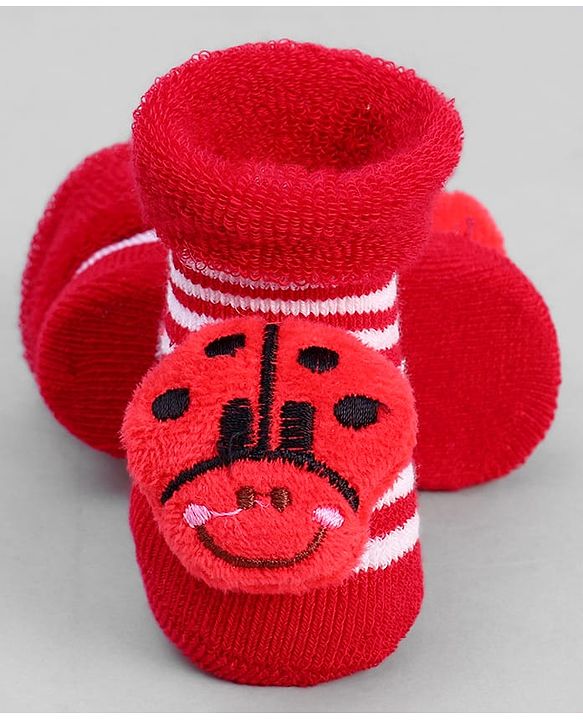 Cute Walk by Babyhug Ankle Length Sock Shoes with Stripes & Ladybug Applique - Red