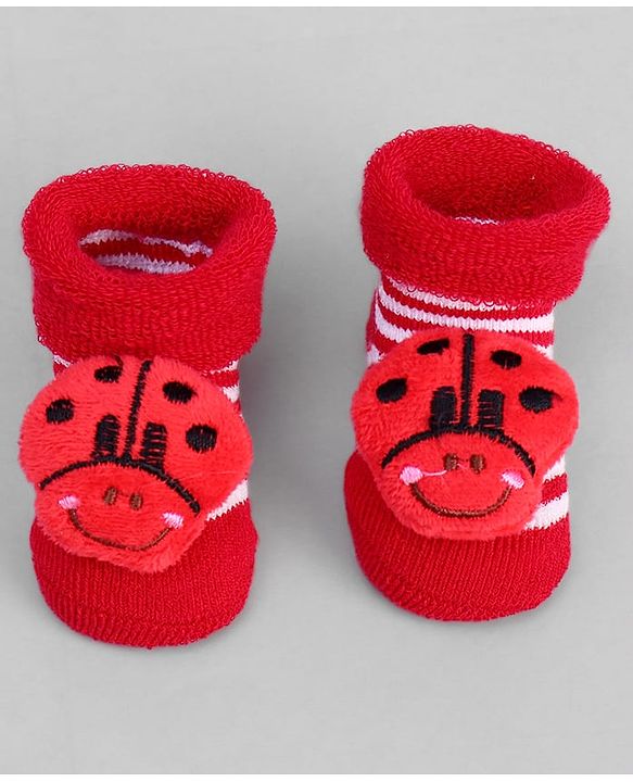 Cute Walk by Babyhug Ankle Length Sock Shoes with Stripes & Ladybug Applique - Red