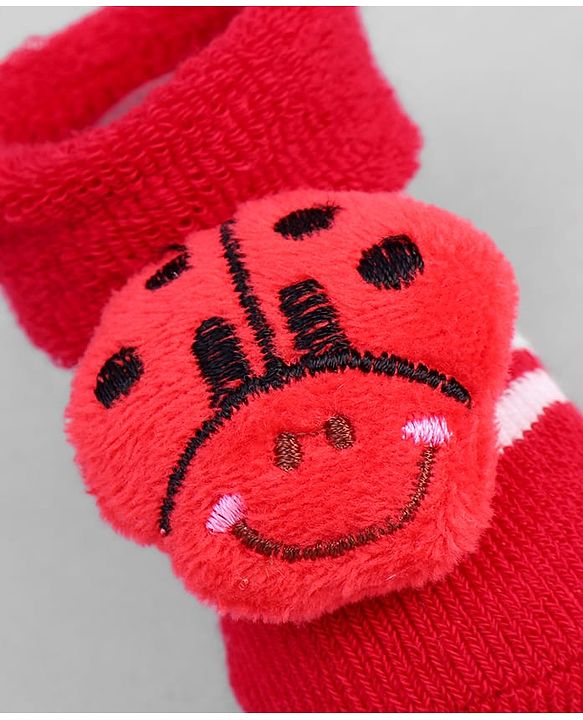 Cute Walk by Babyhug Ankle Length Sock Shoes with Stripes & Ladybug Applique - Red