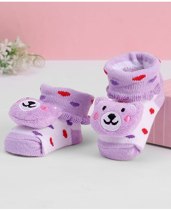 Cute Walk by Babyhug Ankle Length Sock Shoes with Heart Design & Bear Applique - Purple