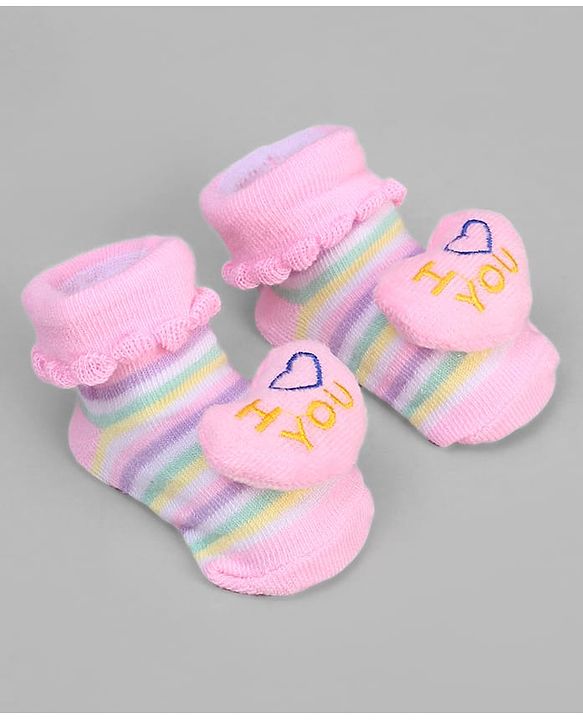 Cute Walk by Babyhug Ankle Length Sock Shoes with Stripes & Heart Applique - Pink