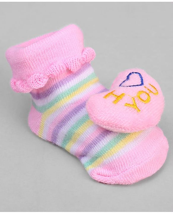 Cute Walk by Babyhug Ankle Length Sock Shoes with Stripes & Heart Applique - Pink