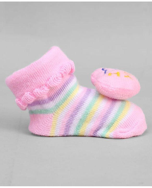 Cute Walk by Babyhug Ankle Length Sock Shoes with Stripes & Heart Applique - Pink
