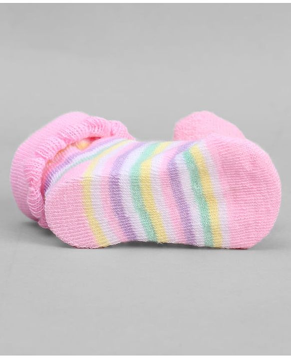 Cute Walk by Babyhug Ankle Length Sock Shoes with Stripes & Heart Applique - Pink