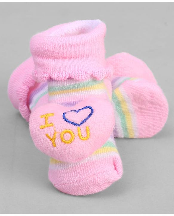 Cute Walk by Babyhug Ankle Length Sock Shoes with Stripes & Heart Applique - Pink