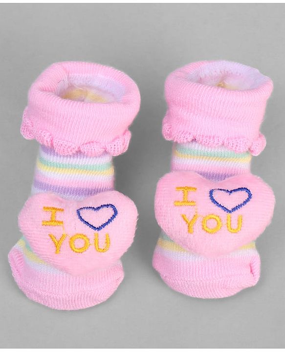 Cute Walk by Babyhug Ankle Length Sock Shoes with Stripes & Heart Applique - Pink