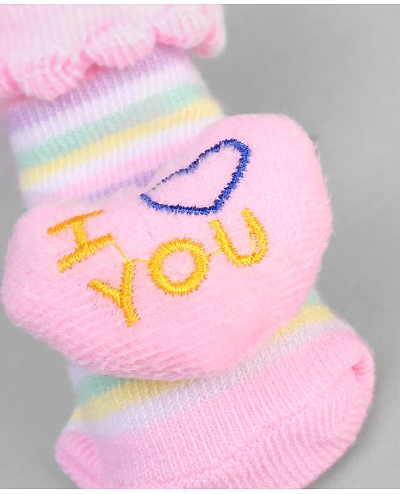 Cute Walk by Babyhug Ankle Length Sock Shoes with Stripes & Heart Applique - Pink