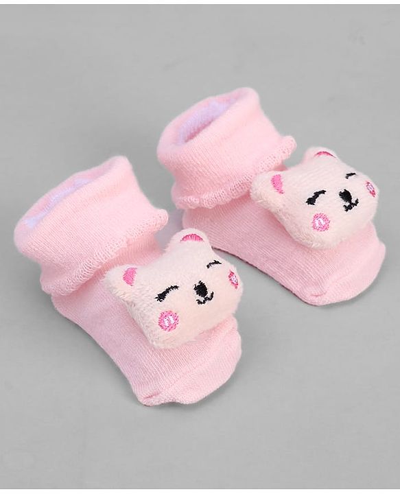 Cute Walk by Babyhug Ankle Length Sock Shoes with Bear Applique - Pink