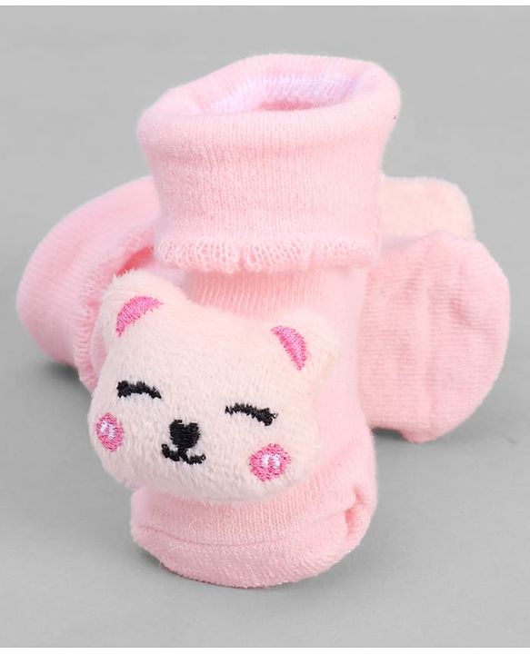 Cute Walk by Babyhug Ankle Length Sock Shoes with Bear Applique - Pink