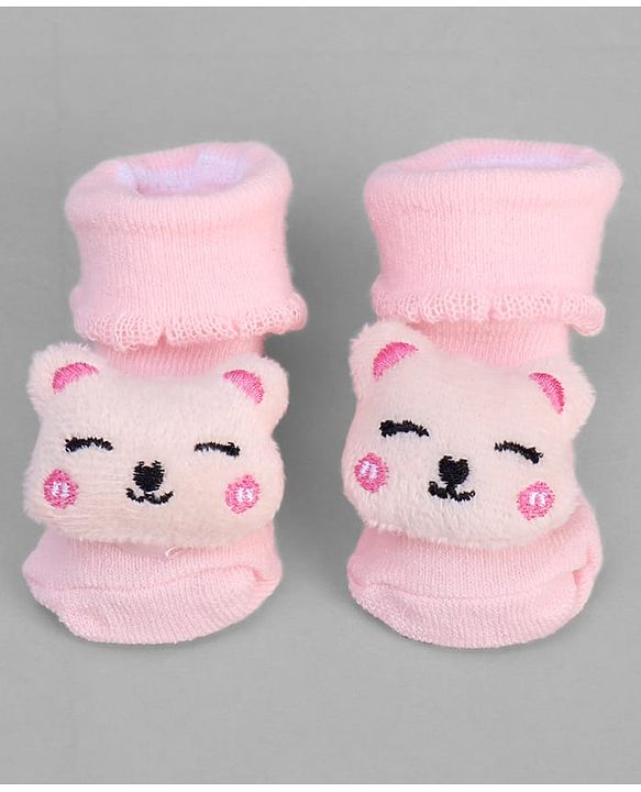 Cute Walk by Babyhug Ankle Length Sock Shoes with Bear Applique - Pink