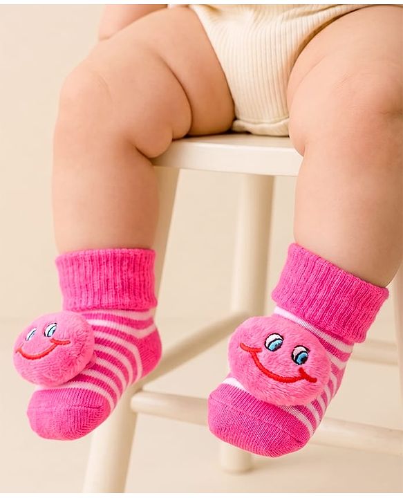 Cute Walk by Babyhug Ankle Length Sock Shoes with Stripes & Applique - Dark Pink