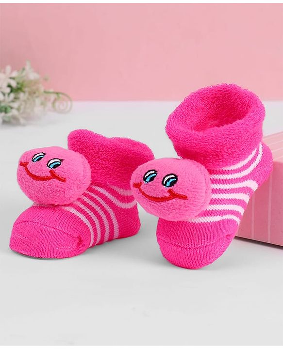 Cute Walk by Babyhug Ankle Length Sock Shoes with Stripes & Applique - Dark Pink