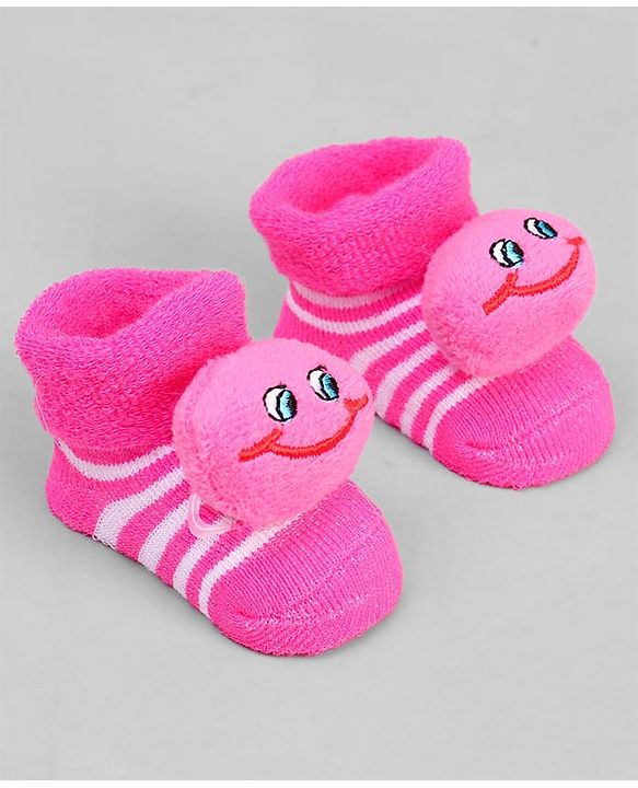 Cute Walk by Babyhug Ankle Length Sock Shoes with Stripes & Applique - Dark Pink
