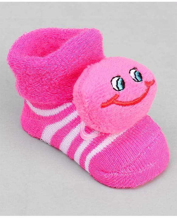 Cute Walk by Babyhug Ankle Length Sock Shoes with Stripes & Applique - Dark Pink