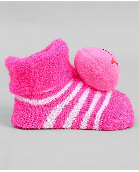 Cute Walk by Babyhug Ankle Length Sock Shoes with Stripes & Applique - Dark Pink
