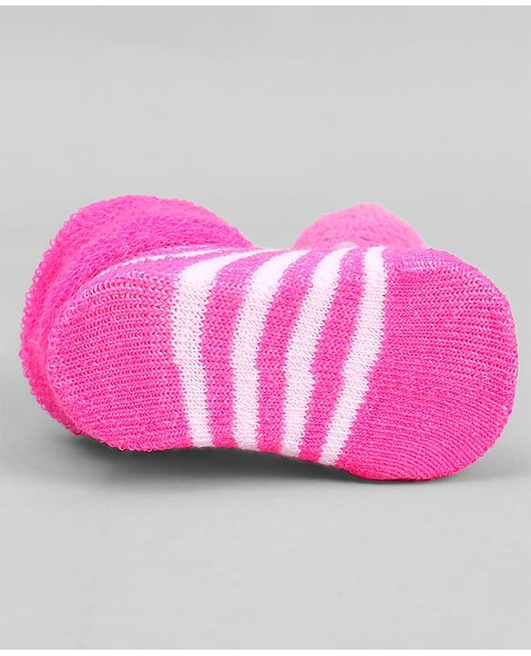 Cute Walk by Babyhug Ankle Length Sock Shoes with Stripes & Applique - Dark Pink