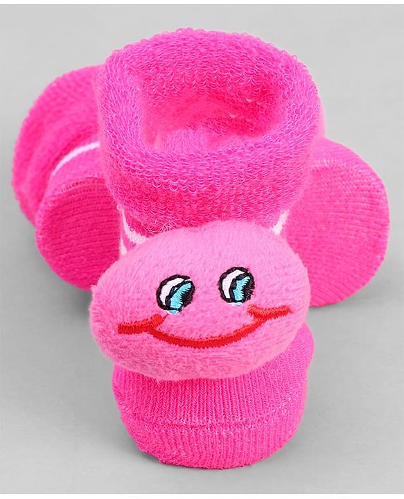 Cute Walk by Babyhug Ankle Length Sock Shoes with Stripes & Applique - Dark Pink