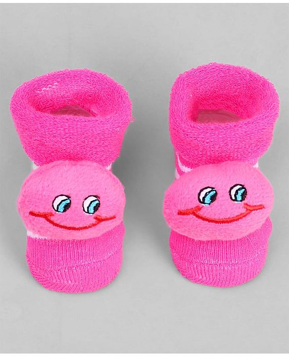 Cute Walk by Babyhug Ankle Length Sock Shoes with Stripes & Applique - Dark Pink