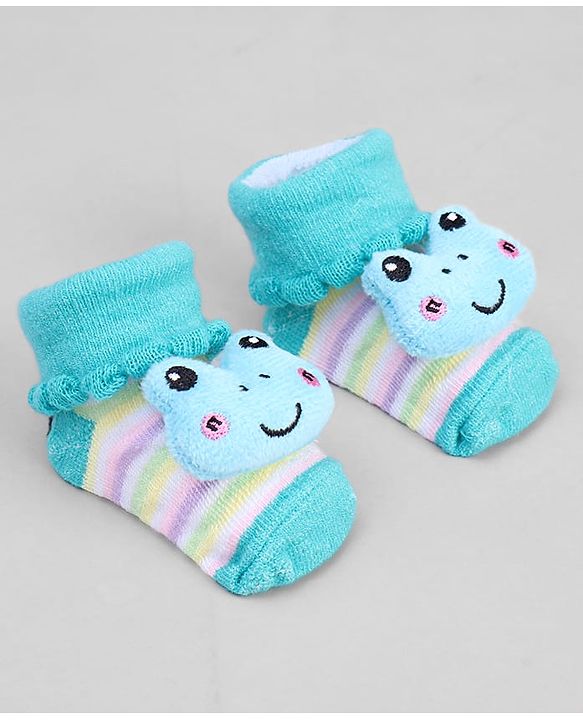 Cute Walk by Babyhug Ankle Length Sock Shoes with Stripes & Frog Applique - Turquoise
