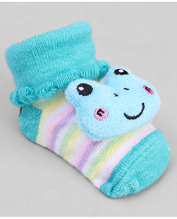 Cute Walk by Babyhug Ankle Length Sock Shoes with Stripes & Frog Applique - Turquoise