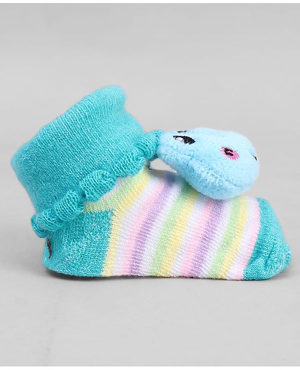 Cute Walk by Babyhug Ankle Length Sock Shoes with Stripes & Frog Applique - Turquoise