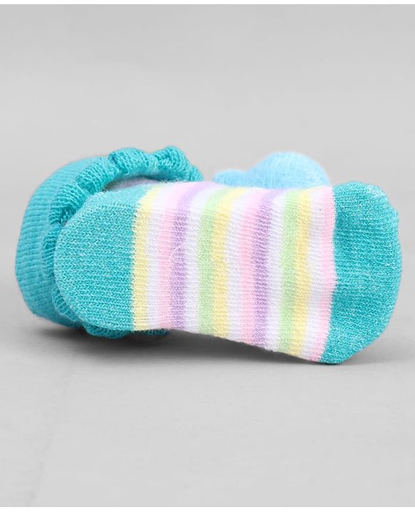 Cute Walk by Babyhug Ankle Length Sock Shoes with Stripes & Frog Applique - Turquoise