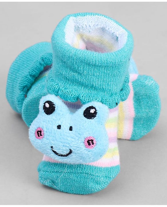 Cute Walk by Babyhug Ankle Length Sock Shoes with Stripes & Frog Applique - Turquoise