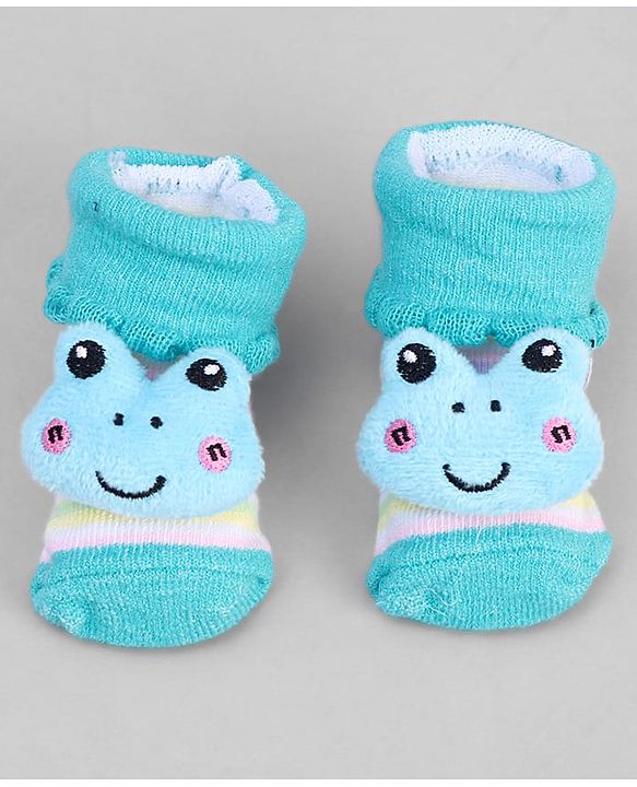 Cute Walk by Babyhug Ankle Length Sock Shoes with Stripes & Frog Applique - Turquoise