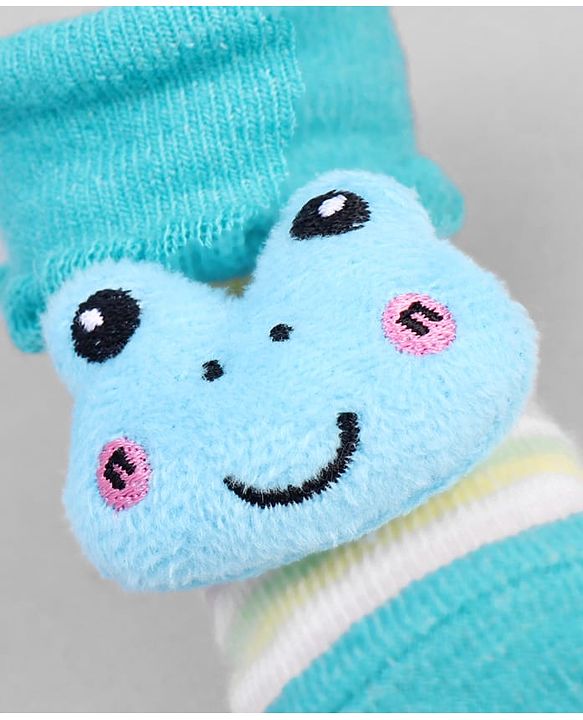 Cute Walk by Babyhug Ankle Length Sock Shoes with Stripes & Frog Applique - Turquoise