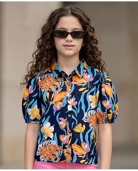 Pine Kids Woven Puffed Sleeves Top With Floral Print - Navy Blue
