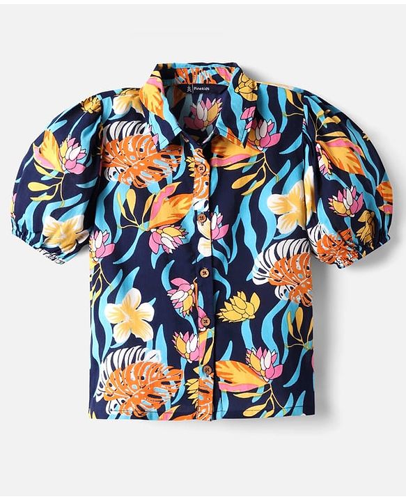 Pine Kids Woven Puffed Sleeves Top With Floral Print - Navy Blue