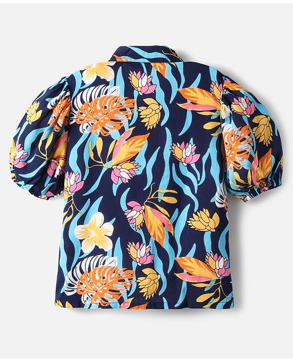 Pine Kids Woven Puffed Sleeves Top With Floral Print - Navy Blue