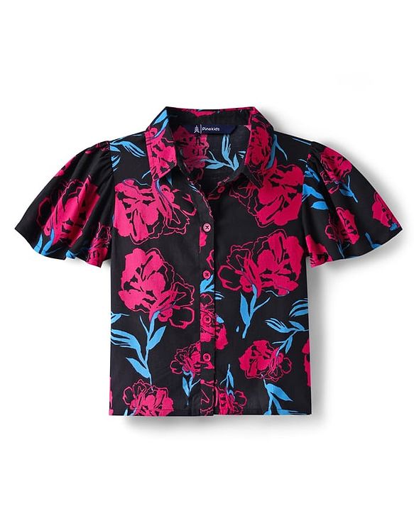 Pine Kids Woven Flutter Sleeves Shirt Style Top With Floral Print - Black