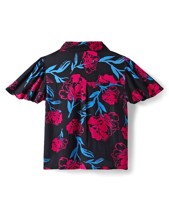 Pine Kids Woven Flutter Sleeves Shirt Style Top With Floral Print - Black