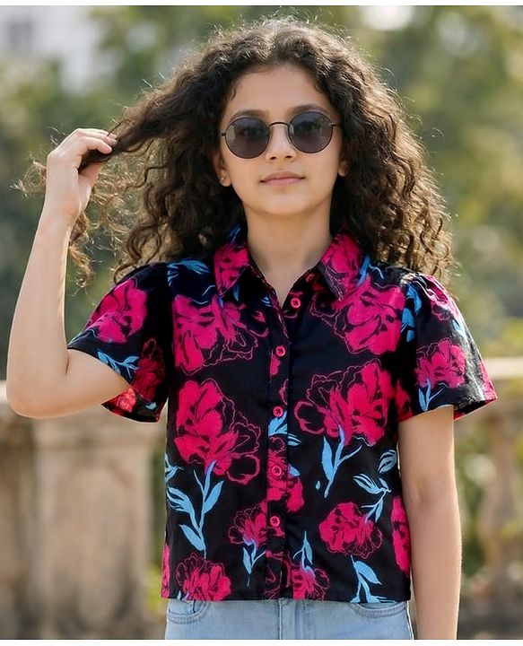 Pine Kids Woven Flutter Sleeves Shirt Style Top With Floral Print - Black