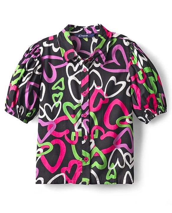 Pine Kids Woven Puff Sleeves Shirt Style Top With Heart Print - Black