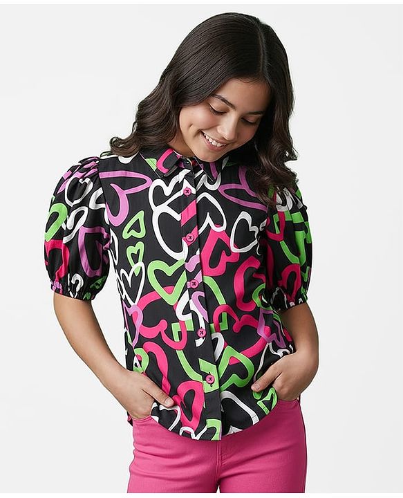 Pine Kids Woven Puff Sleeves Shirt Style Top With Heart Print - Black