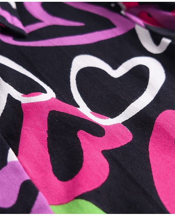 Pine Kids Woven Puff Sleeves Shirt Style Top With Heart Print - Black
