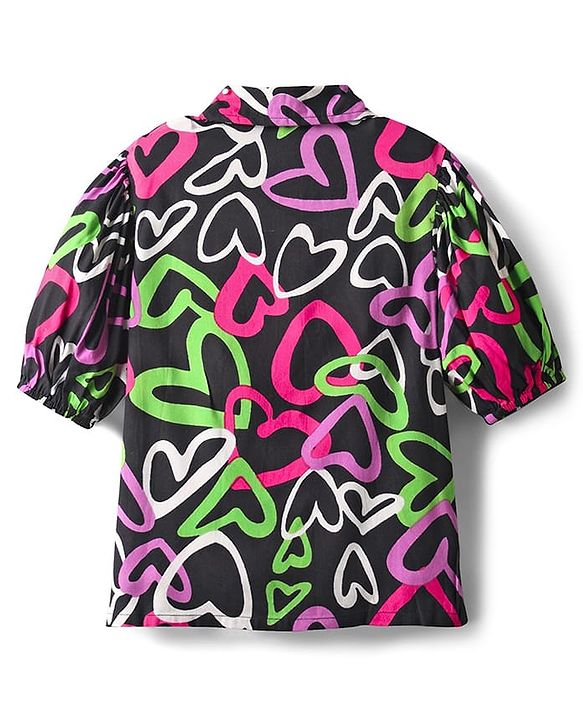 Pine Kids Woven Puff Sleeves Shirt Style Top With Heart Print - Black