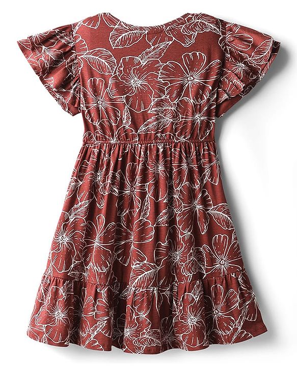 Pine Kids Cotton Knit Flutter Sleeves Dress with Floral Print & Cinched Waist - Fire Brick Maroon
