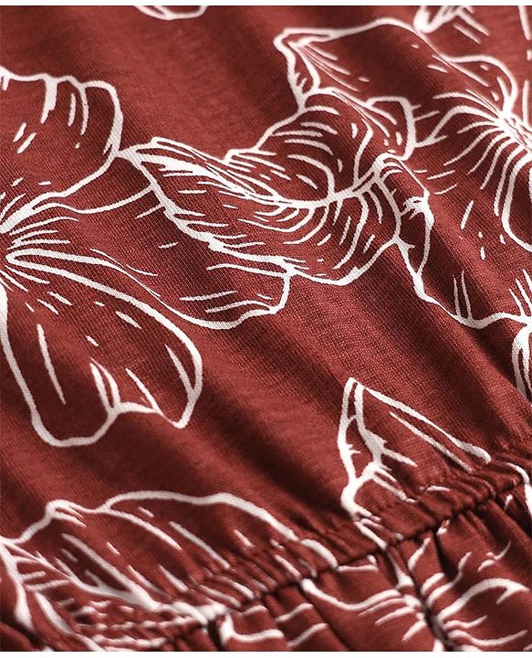 Pine Kids Cotton Knit Flutter Sleeves Dress with Floral Print & Cinched Waist - Fire Brick Maroon