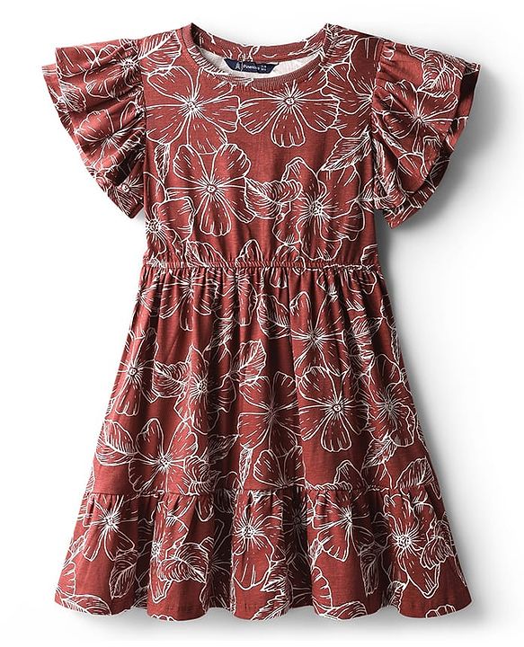 Pine Kids Cotton Knit Flutter Sleeves Dress with Floral Print & Cinched Waist - Fire Brick Maroon
