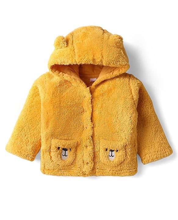 Babyhug Sherpa Fur Knit Full Sleeves Hooded Winter Fur Jacket With Ear Applique - Yellow