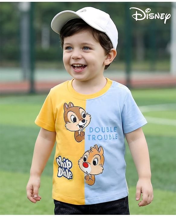 Babyhug Disney Single Jersey Knit Half Sleeves Cut & Sew T-Shirt with Chip N Dale Graphics - Yellow & Light Blue